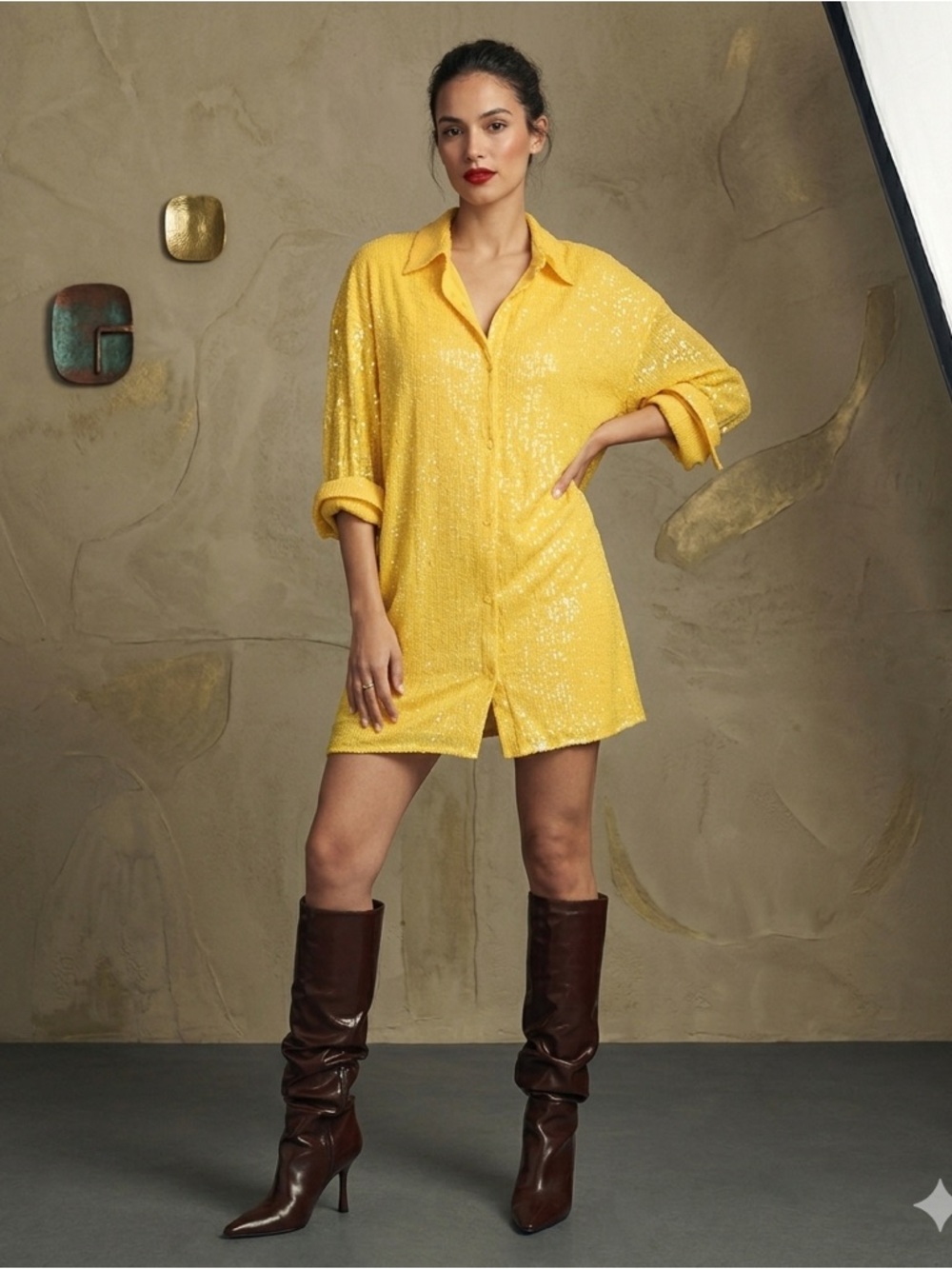 Anthropologie Sequin Tunic Shirt Dress Yellow XS Collared Button NWT - Picture 2 of 16